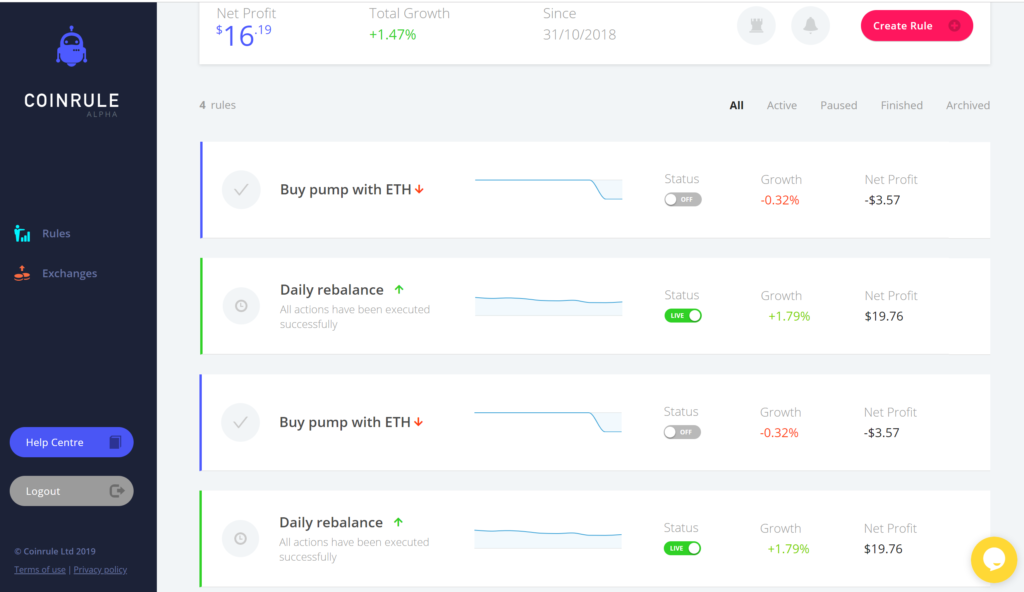 coinrule dashboard for automated trading strategies