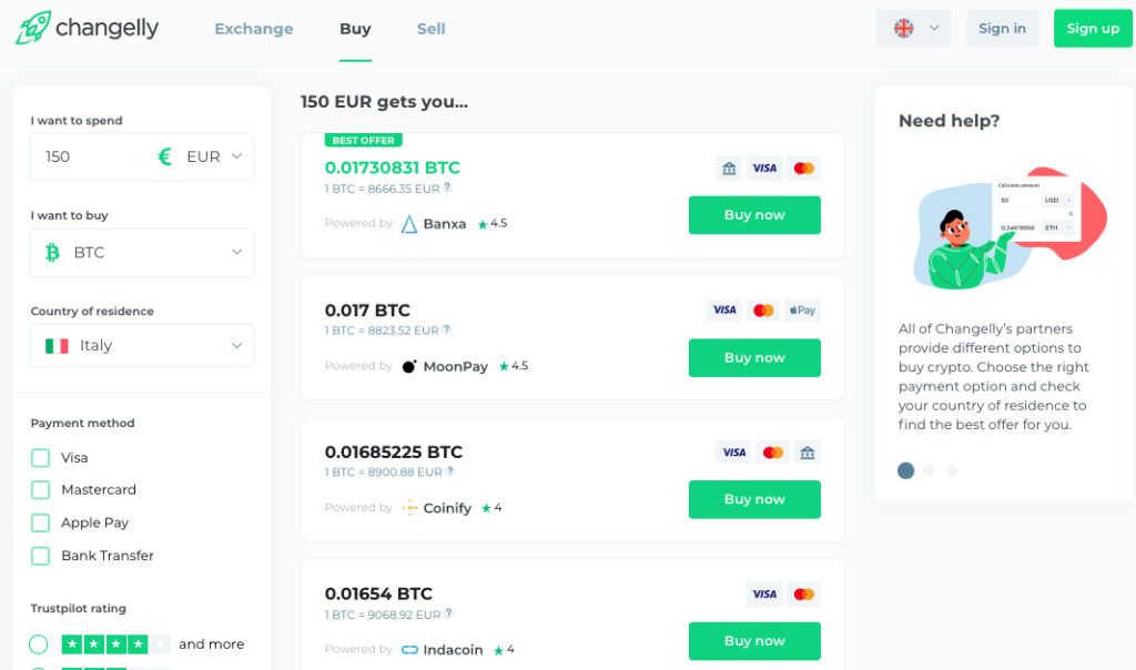 changelly price options